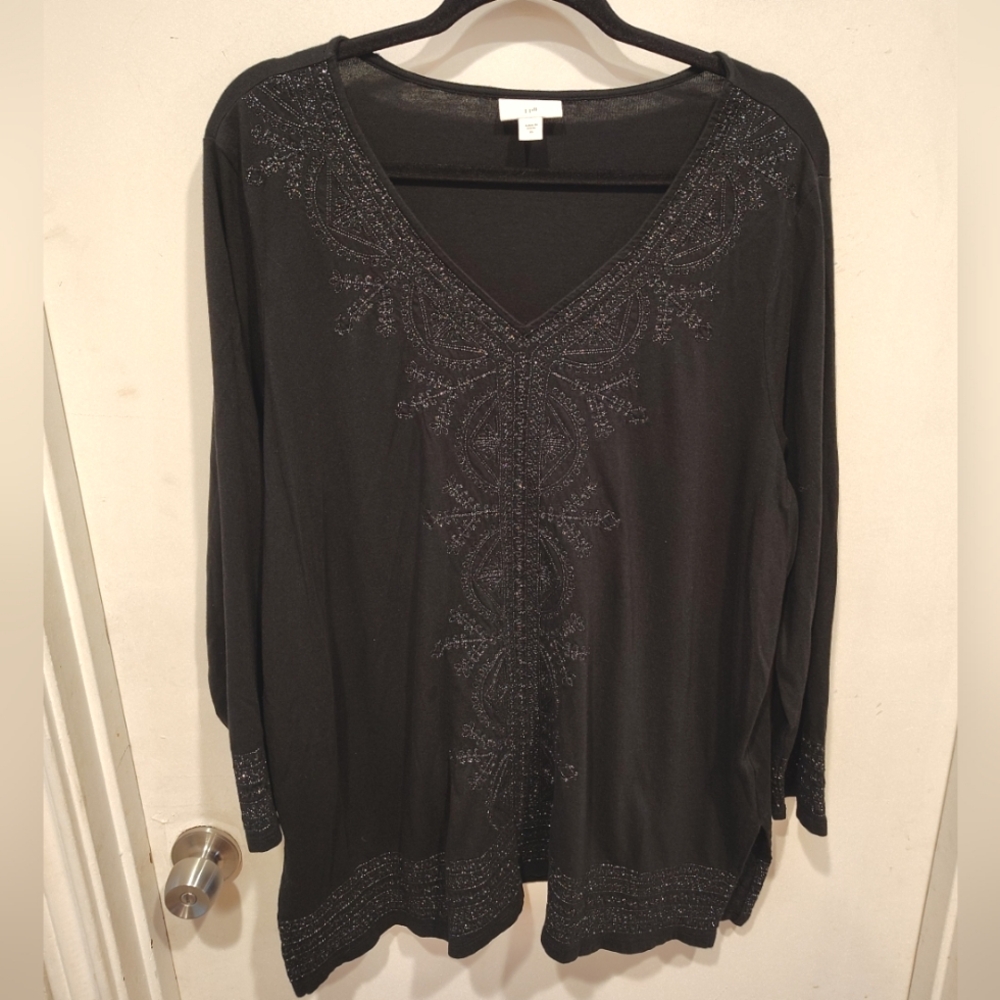 J.Jill Black Sparkle Embroidered Long Sleeve Cotton Modal Tunic Top XL Boho